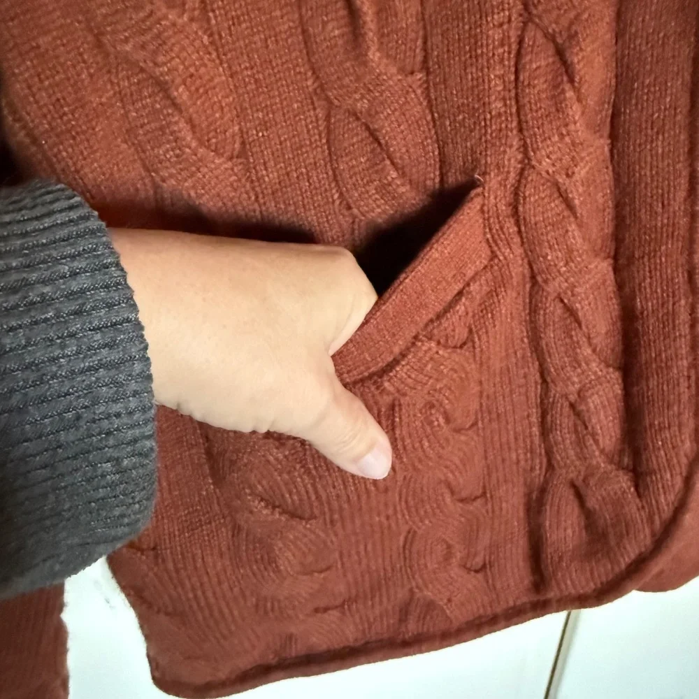 Talbots Cable Knit Cardigan with Faux Leather Trim Size Small‎